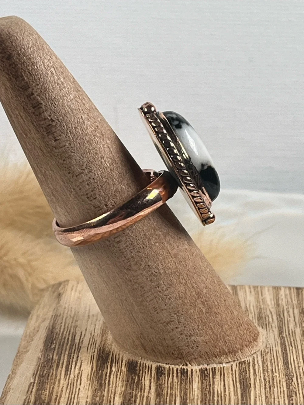 Solid Copper Zebra Jasper Gemstone Ring Size 7.75 Adjustable
